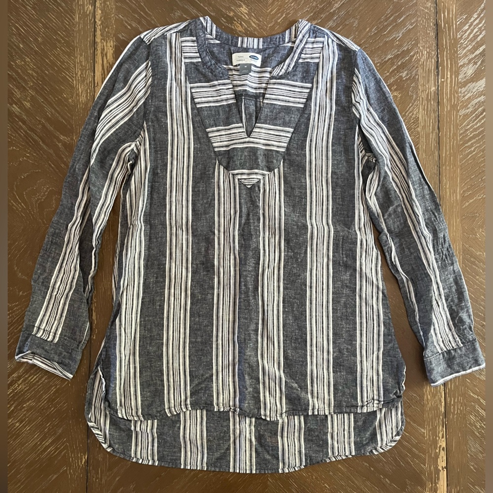 Old Navy Multicolor Striped Roll Tab Linen Blend Tunic Top